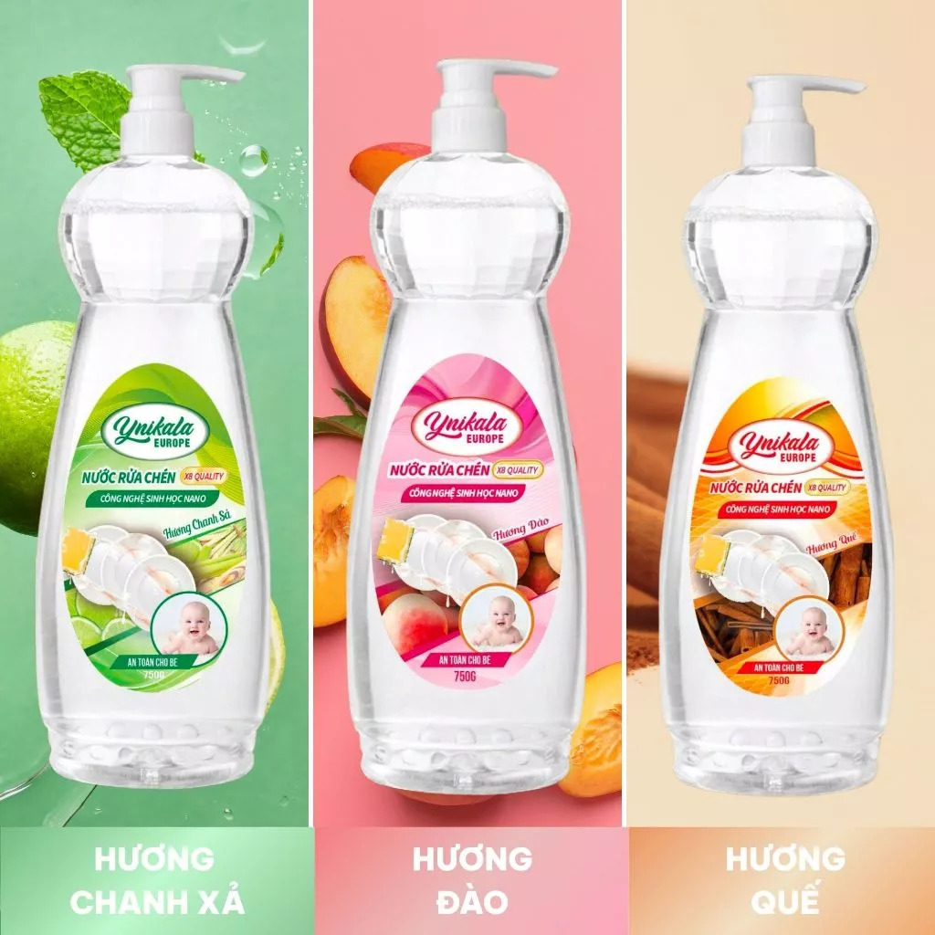 nuoc-rua-chen (1) Nước rửa chén YNIKALA gồm 3 mùi hương rất dễ dùng: Hương chanh xả, Hương đào và Hương quế